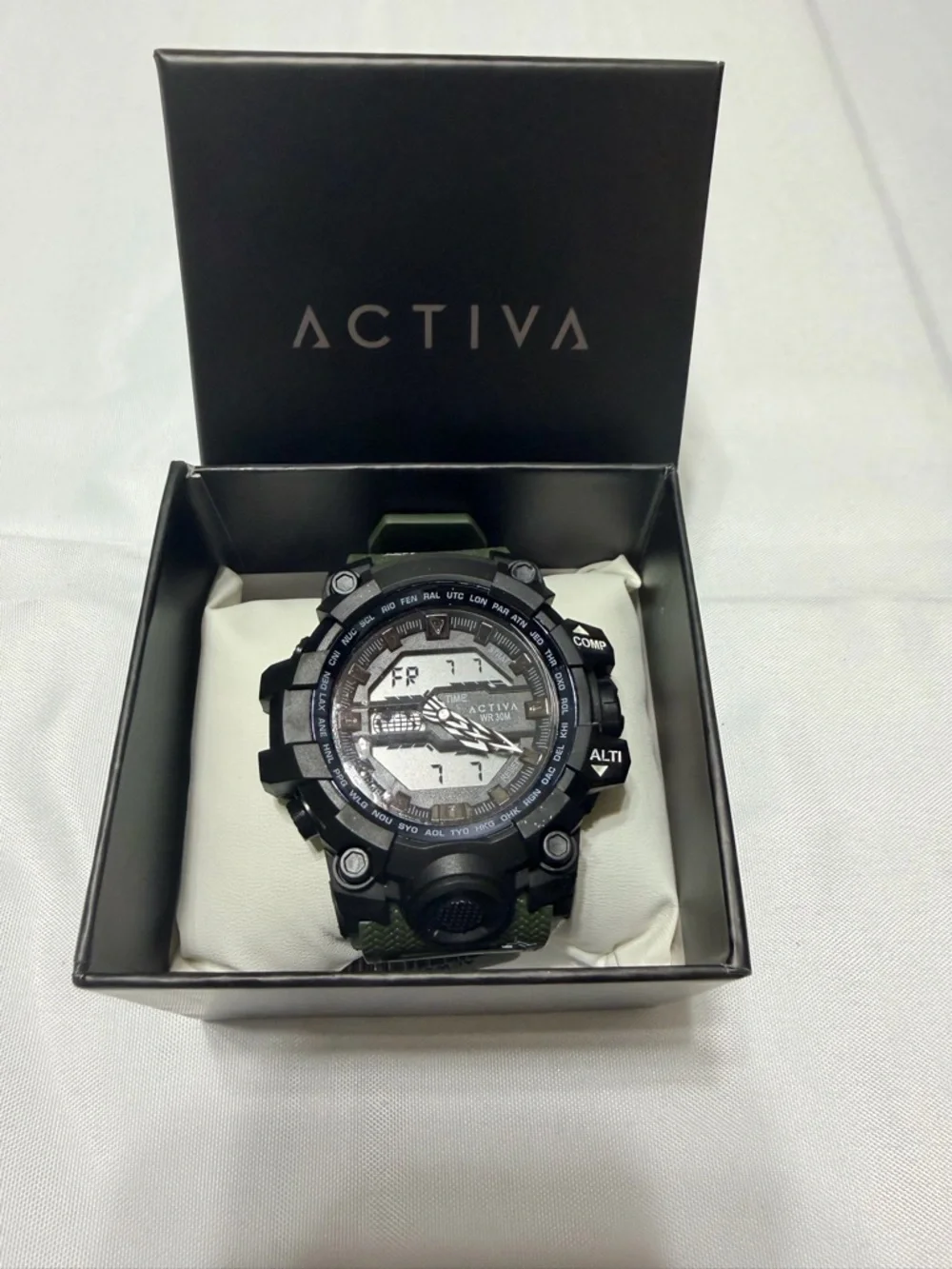 Activa y Invicta Dual-Display Sports Watch in Black and Olive Green